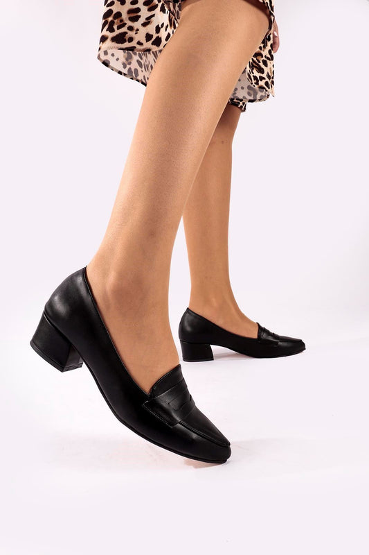 Black Leather Heeled Women's Shoes