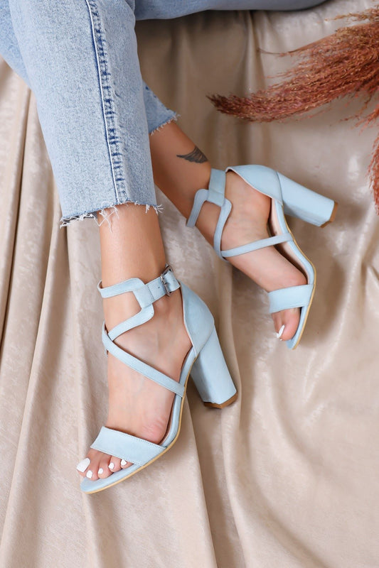 Baby Blue Suede Heeled Women's Shoes