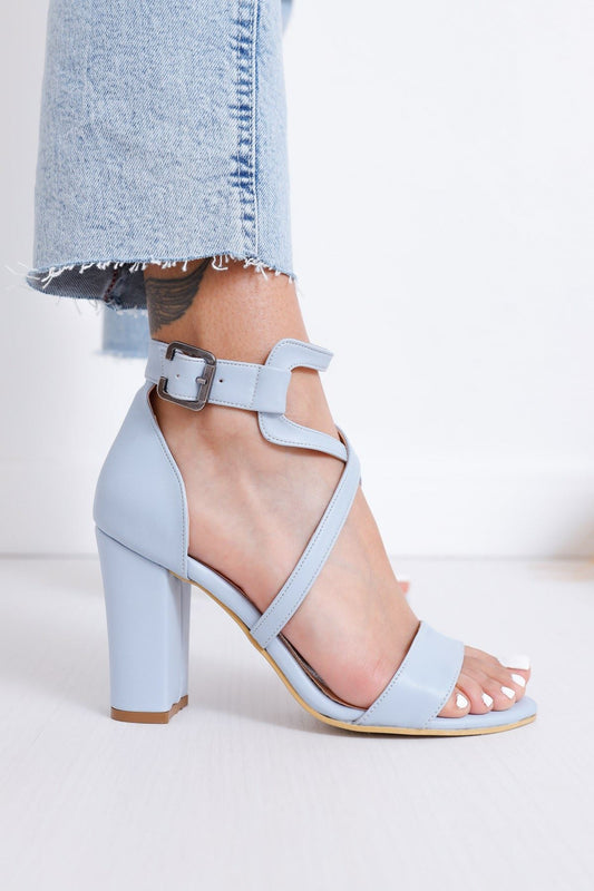 Baby Blue Leather Heeled Women's Shoes