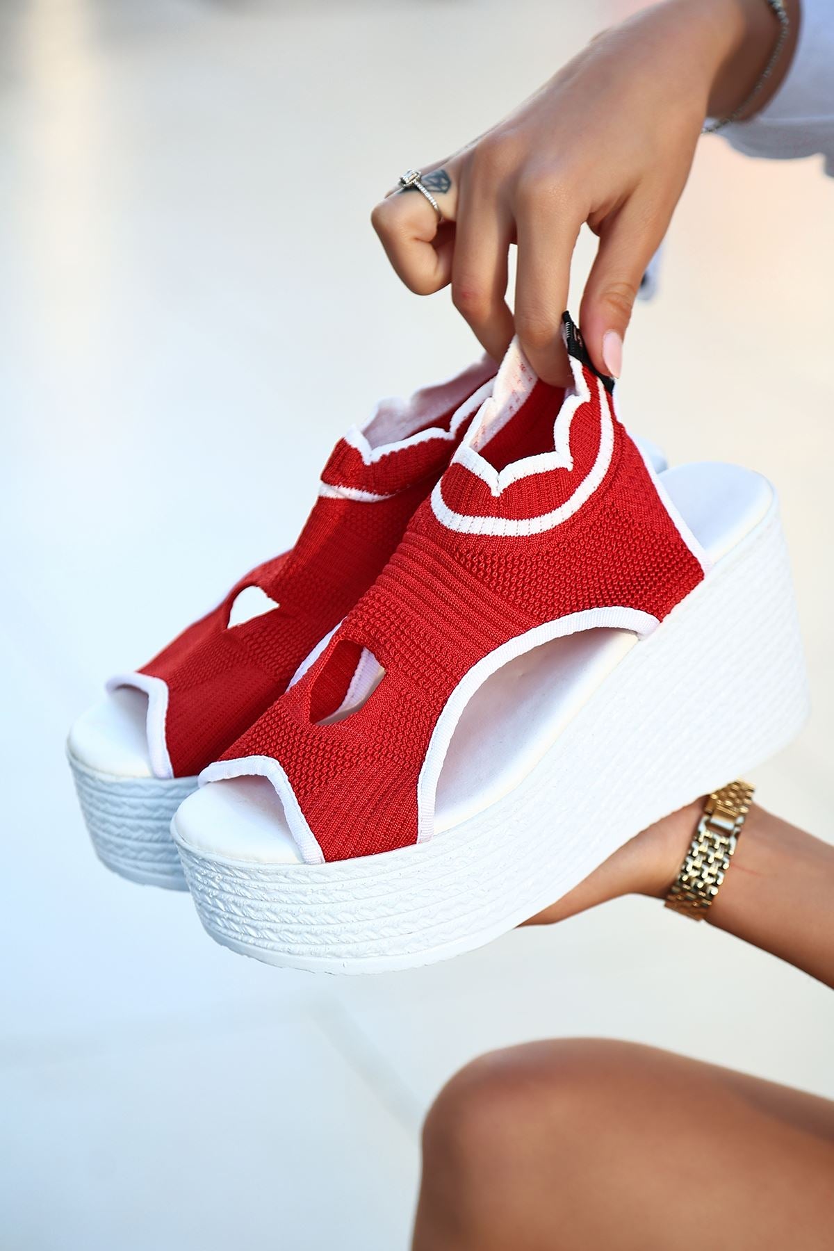 Tricot Wedge Sandals Red