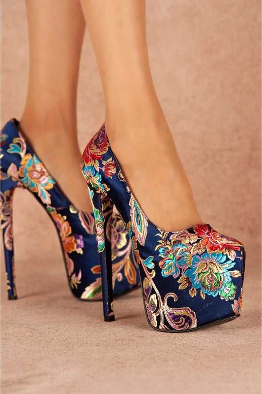 Navy Blue Floral High Heeled Women's Shoes