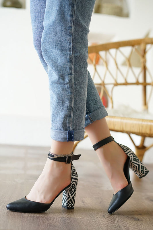 Heeled Black - Patterned Leather Heeled Shoes