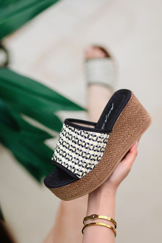 Wedge Sole Straw Slippers Black Cream