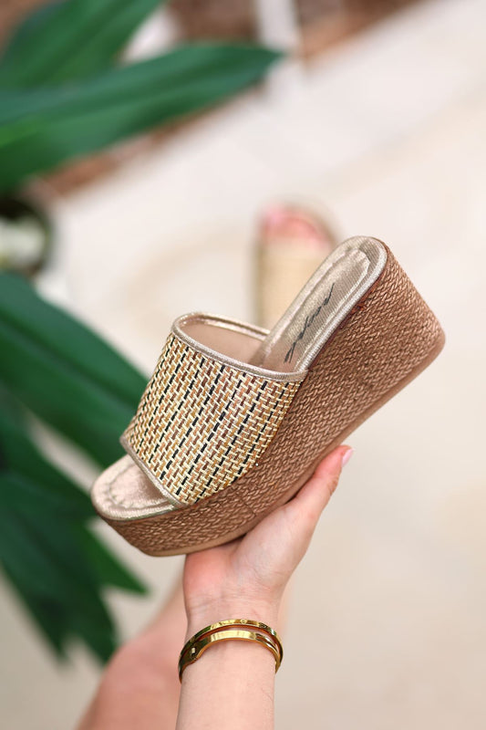 Wedge Sole Straw Slippers Gold