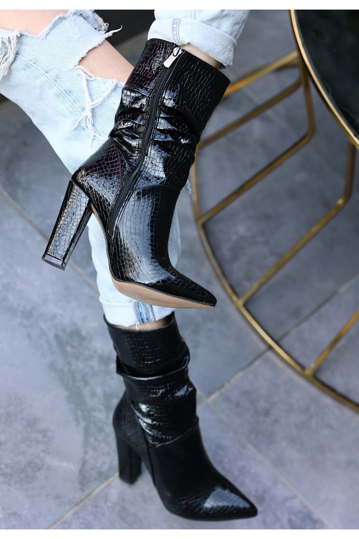 Black Patent Leather Patterned Heeled Boots