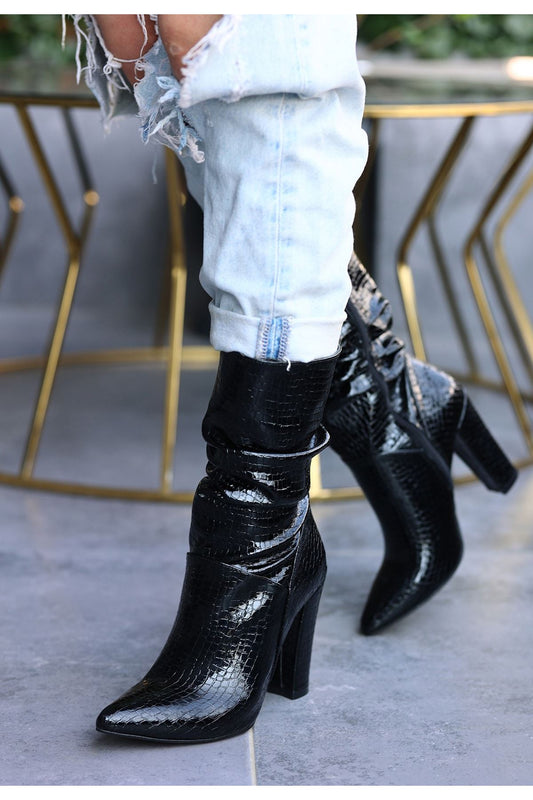 Black Patent Leather Patterned Heeled Boots