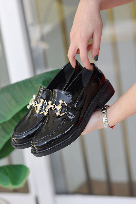 Flat Sole Buckled Black Patent Leather