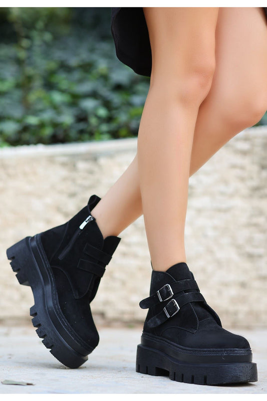 Black Suede Belted Boots