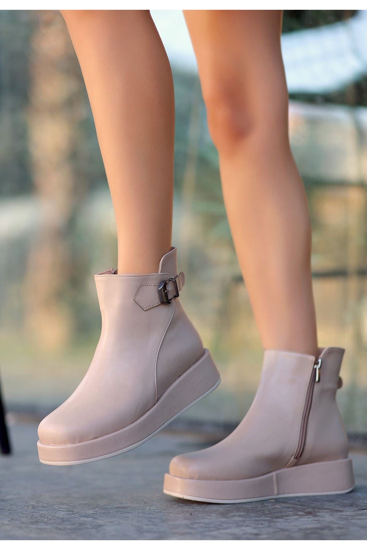 Nude Leather Heeled Boots