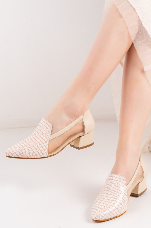 Nude Crocodile - Skin Pointed Toe Low Heeled Women's Shoes