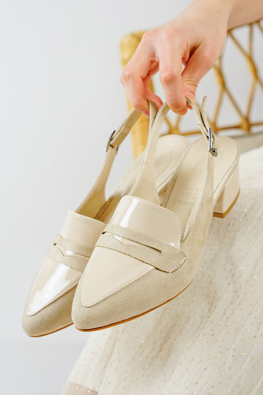 Cream Patent Leather - Suede Heeled Women's Shoes