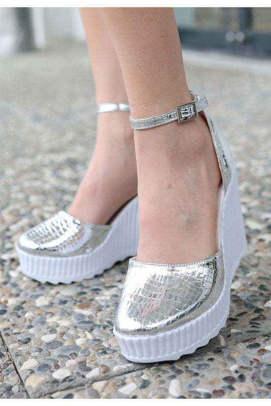 Silver Patent Leather Wedge Heel Shoes