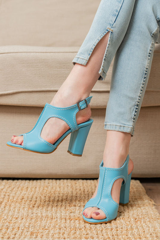 Turquoise Leather Heeled Women's Shoes