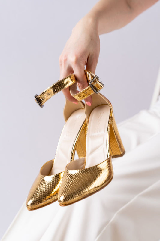 Heeled Gold Crocodile Leather Heeled Shoes