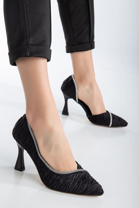 Black Satin Patterned Stone Detailed Heeled Shoes