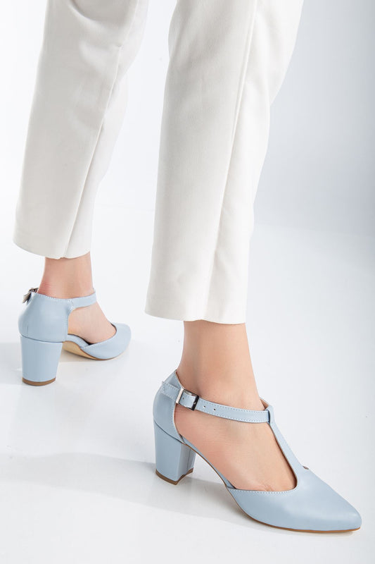 Baby Blue Leather Heeled Women's Shoes