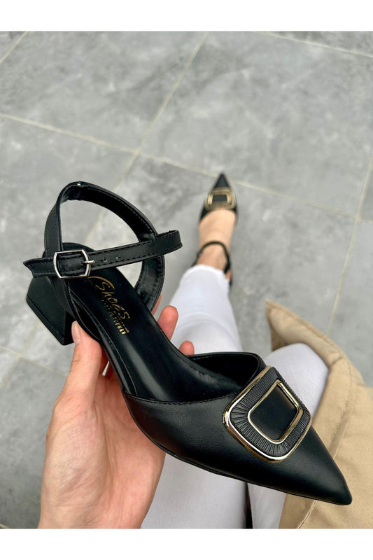 Women's Black Skin Heeled Shoes