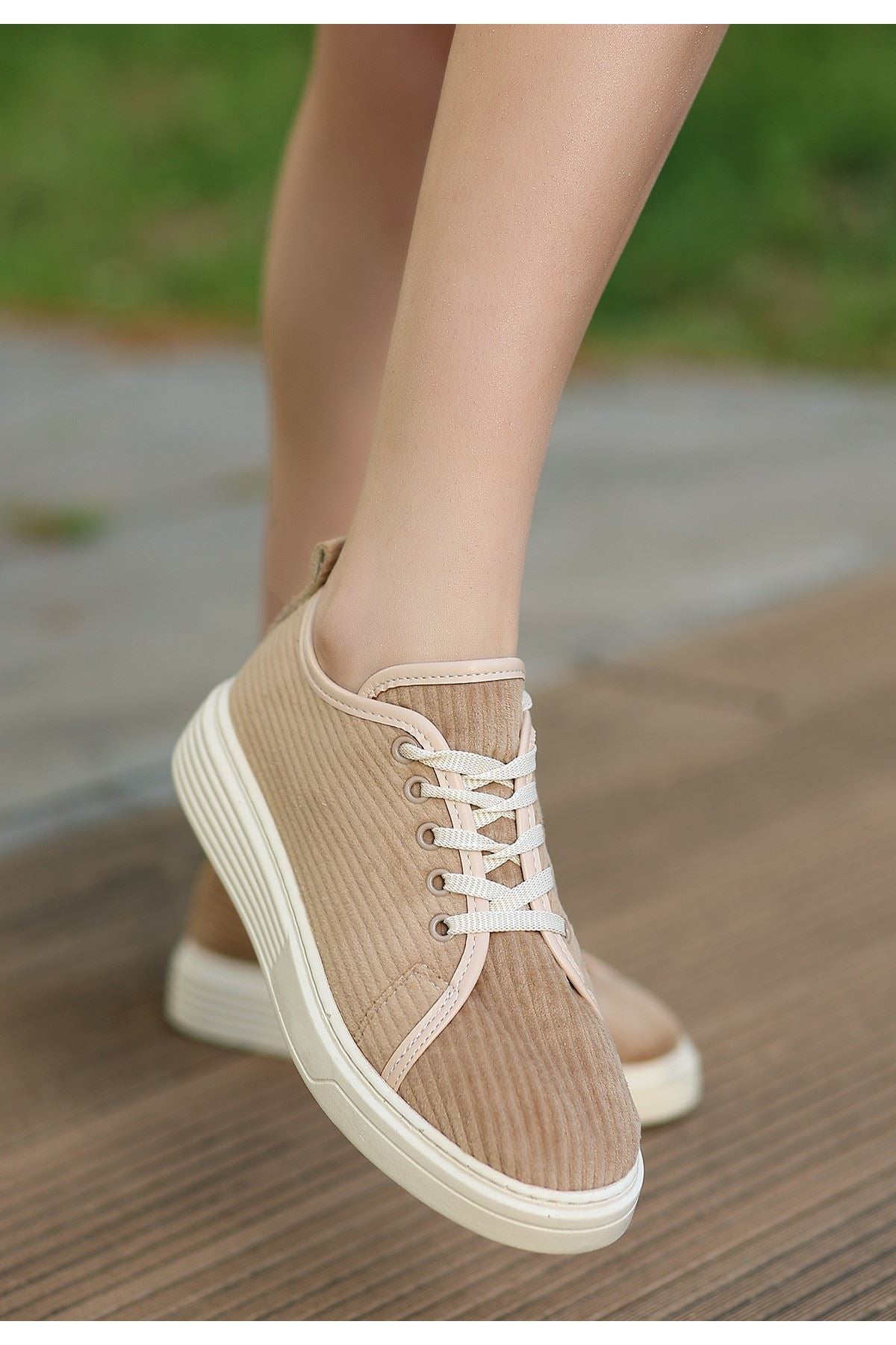 Women's Nude Velvet Lace-Up Sneakers