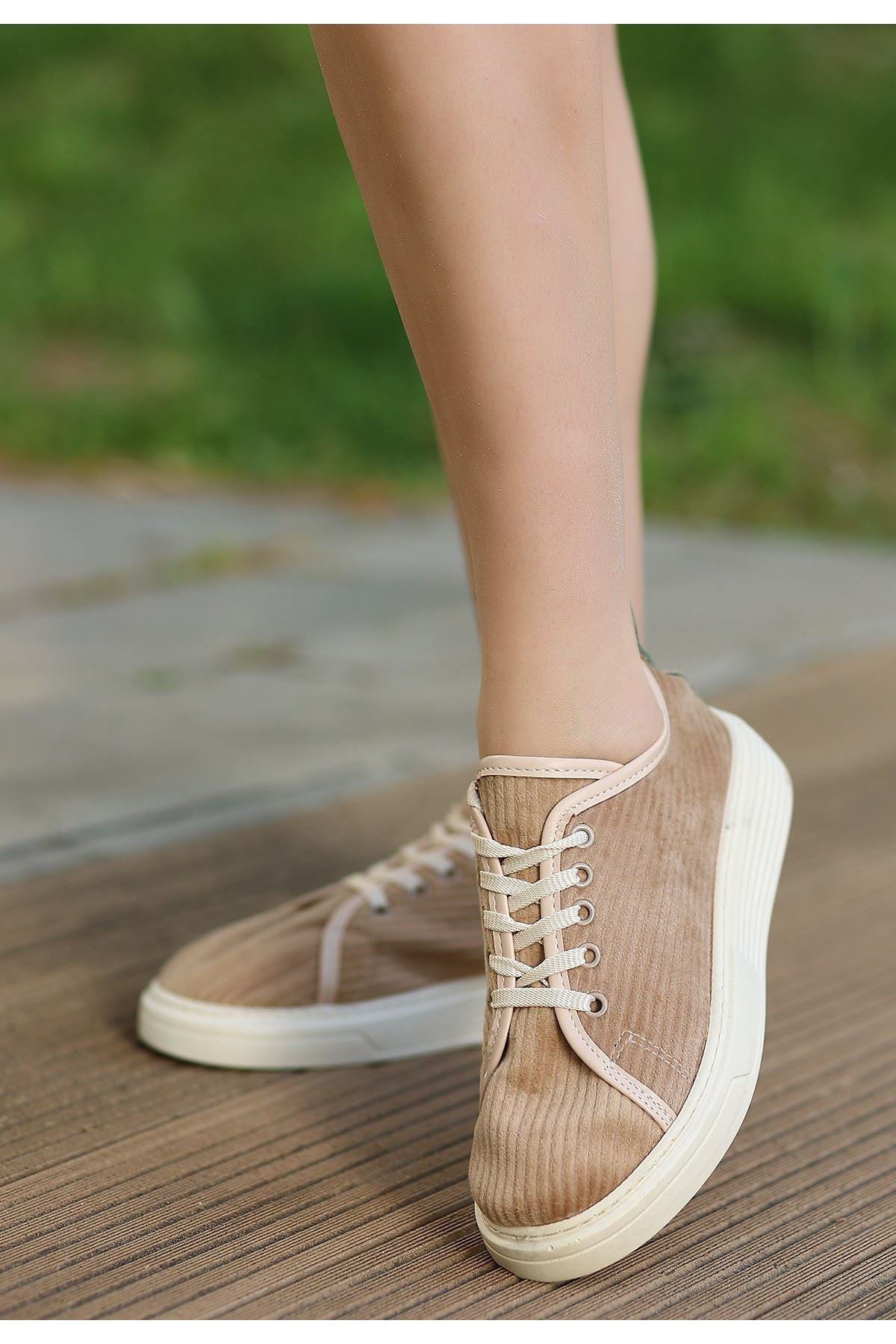 Women's Nude Velvet Lace-Up Sneakers