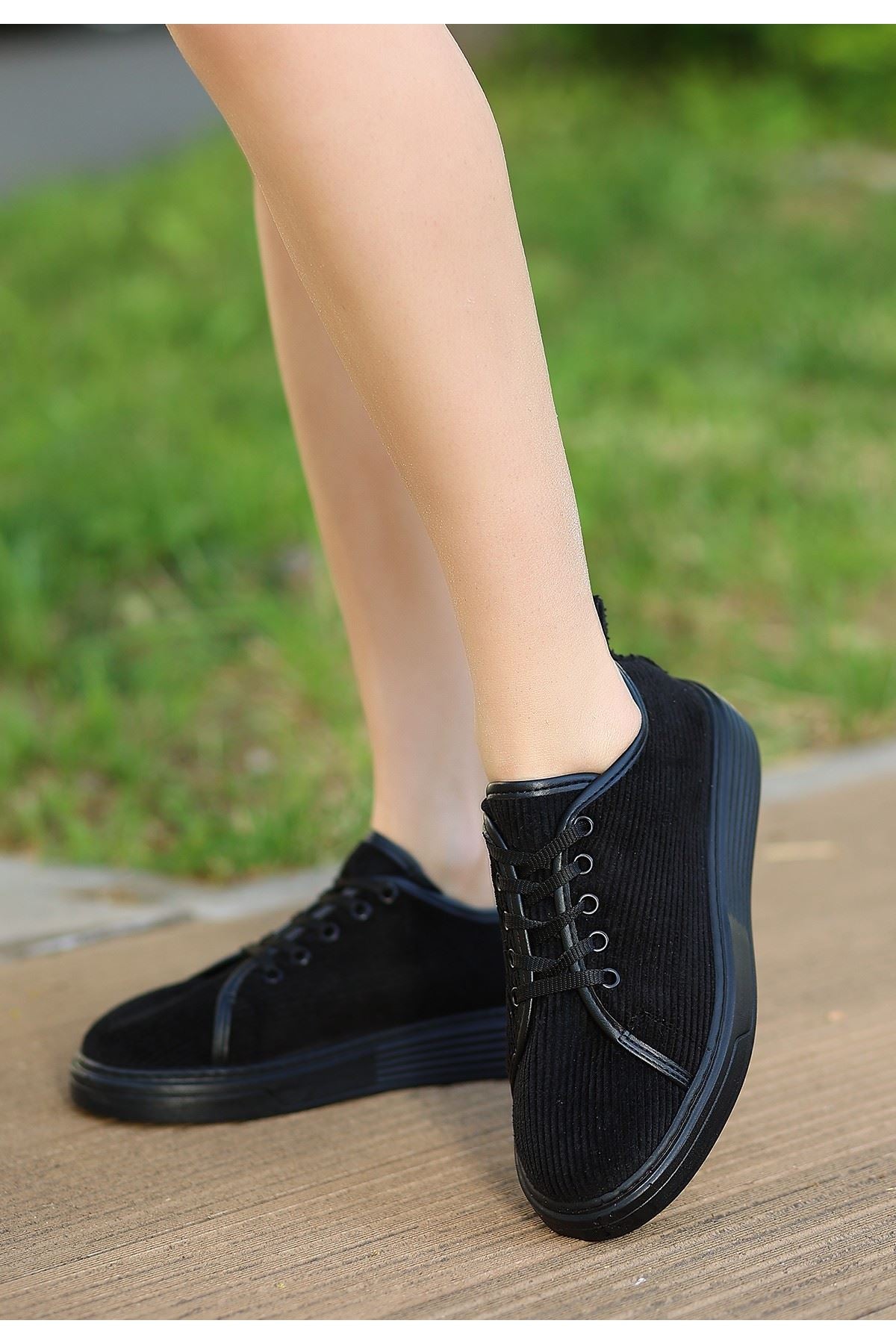 Women's Black Velvet Lace-Up Sneakers