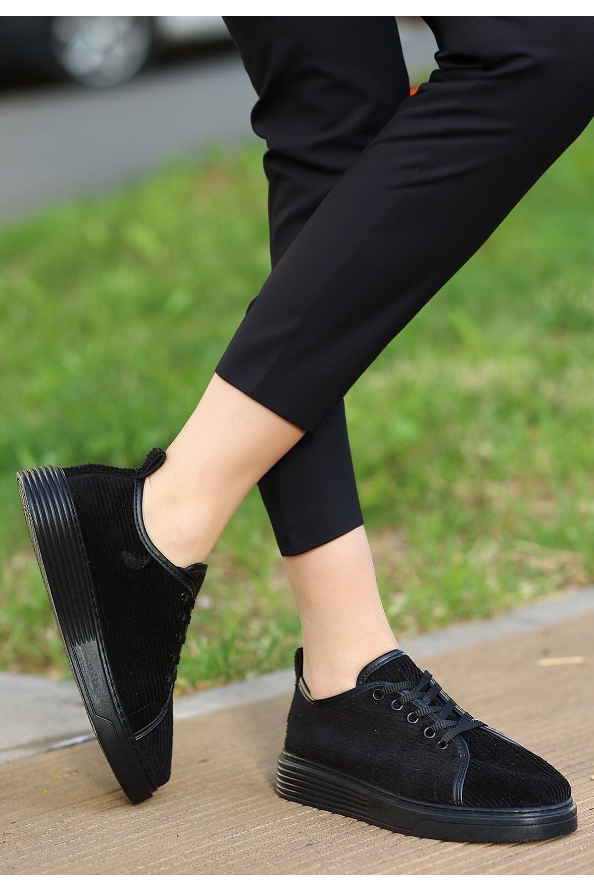 Women's Black Velvet Lace-Up Sneakers