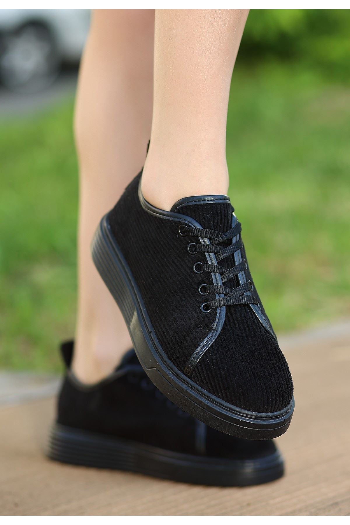 Women's Black Velvet Lace-Up Sneakers