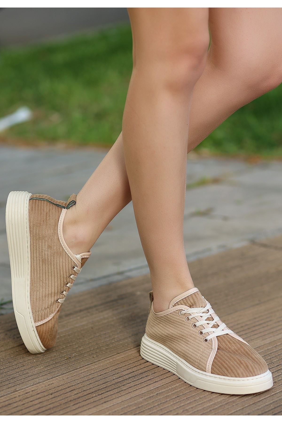 Women's Nude Velvet Lace-Up Sneakers