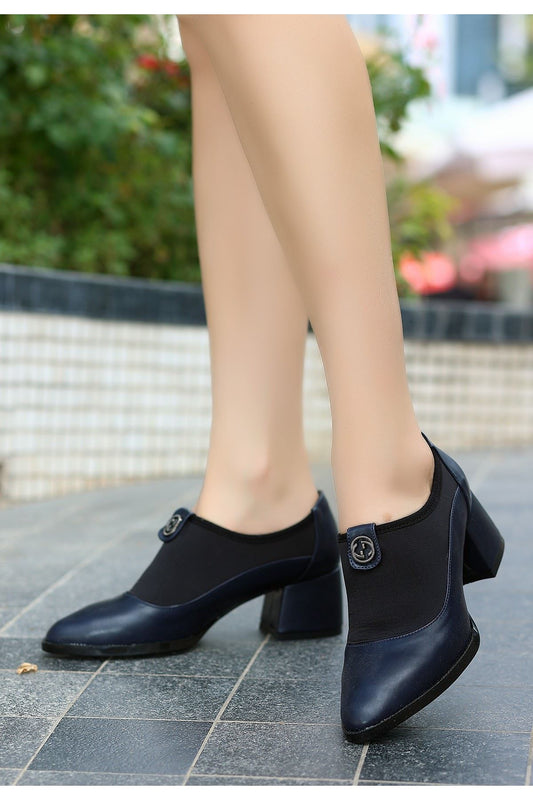 Women's Navy Blue Leather High Heel Shoes