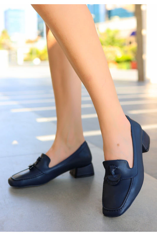 Women's Navy Blue High Heel Leather Shoes