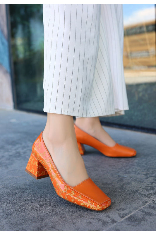 Women's Orange Leather High Heel Shoes