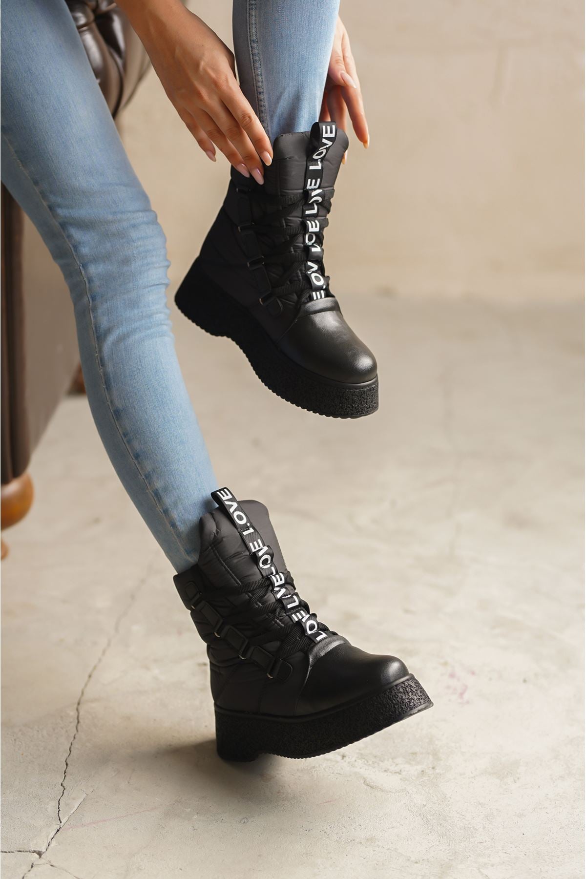 Women's Parachute Material Lace-Up Boots - Black