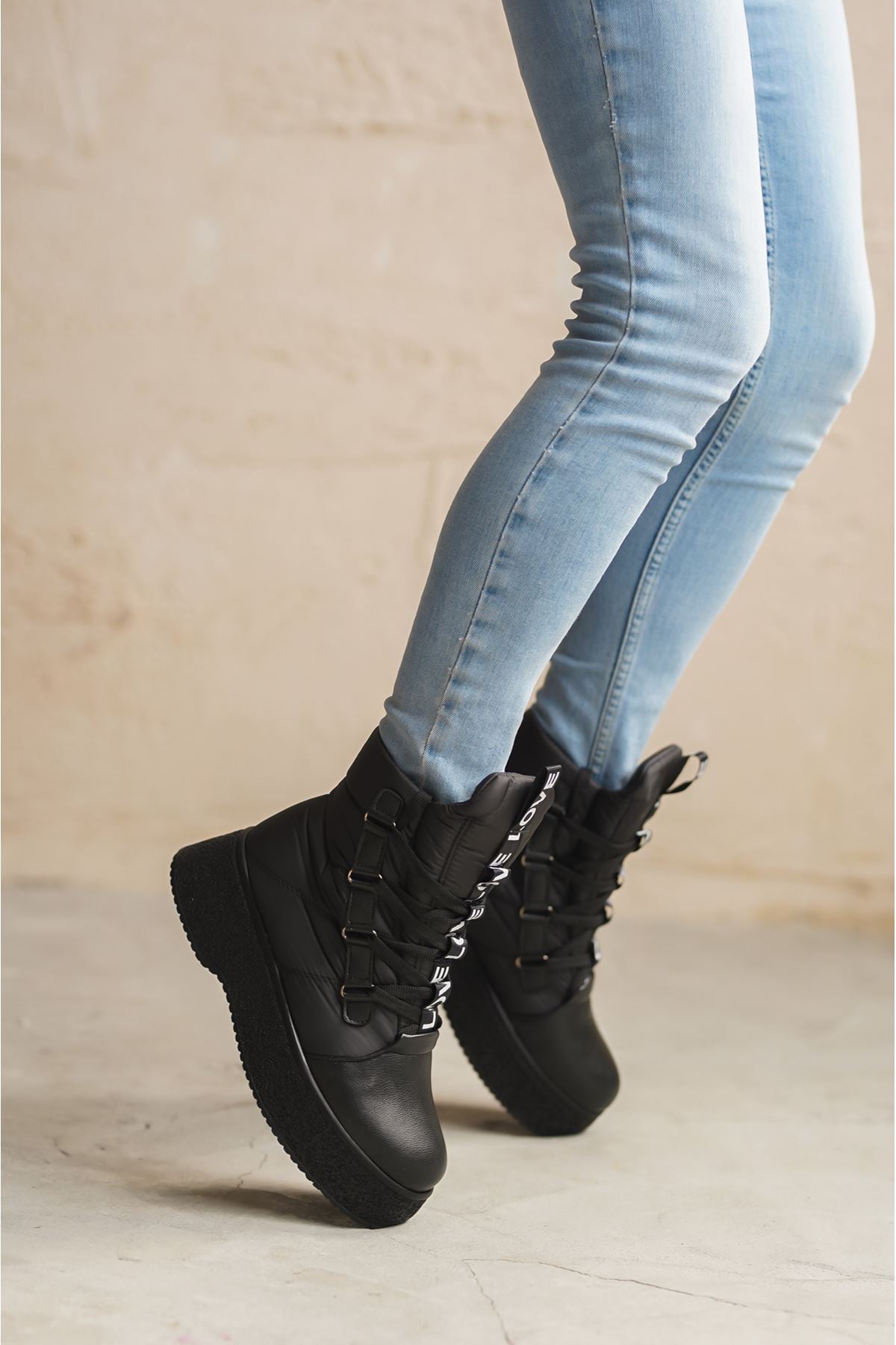 Women's Parachute Material Lace-Up Boots - Black