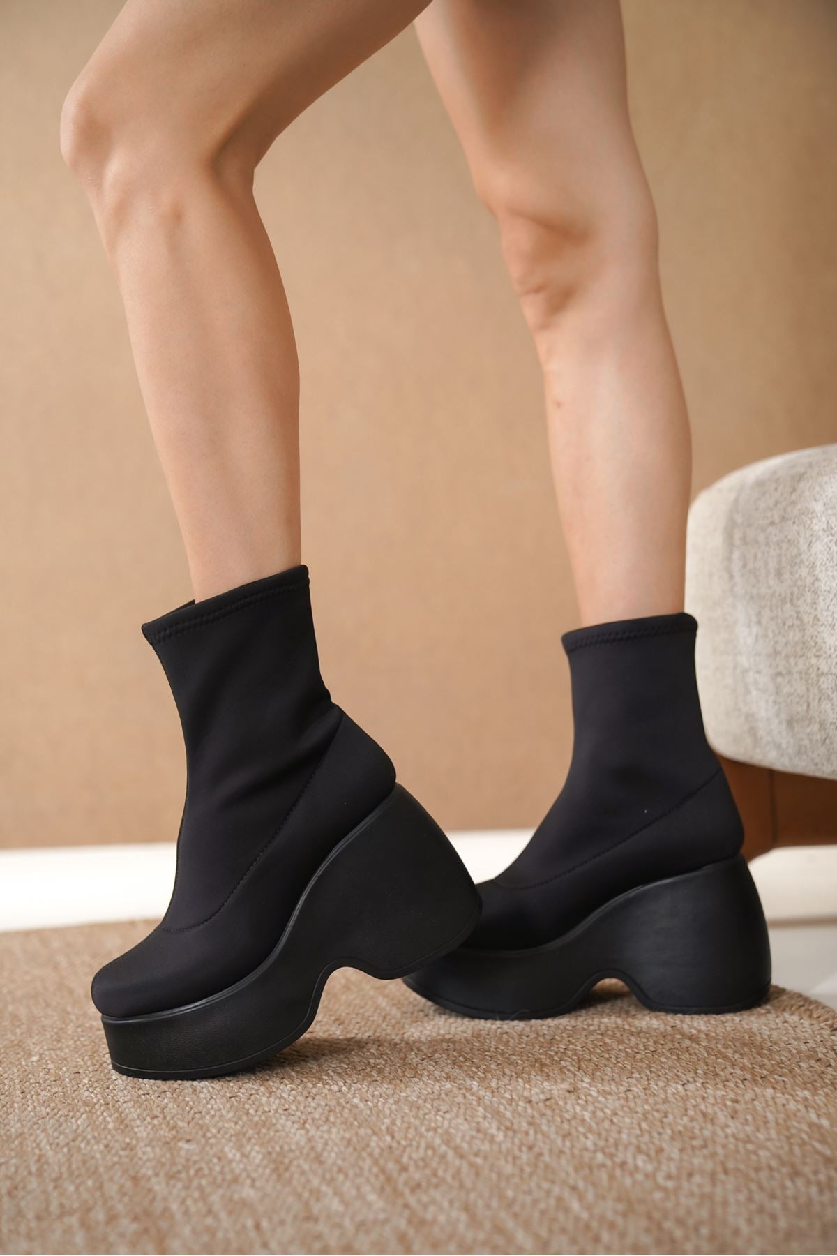 Women's Wedge Heel Stretch Boots - Black-Diver