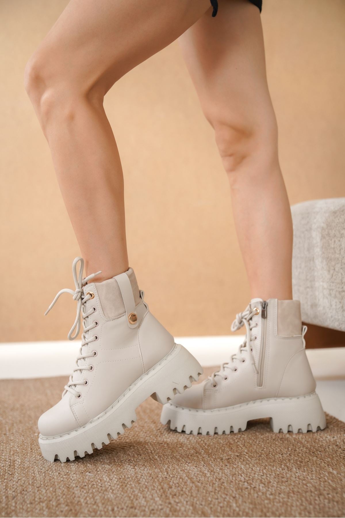 Women's Flat Sole Lace-Up Combat Boots - Nude Leather