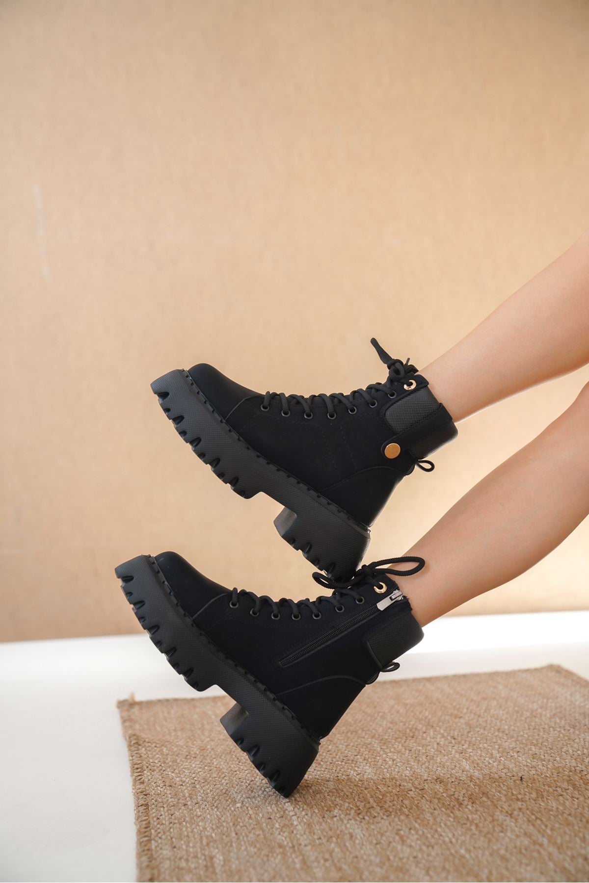 Women's Flat Sole Lace-Up Combat Boots - Black Leather