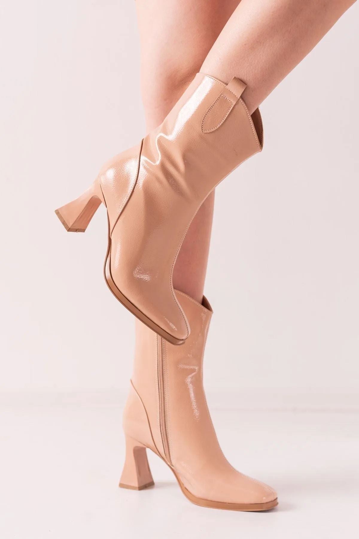 Nude Patent Leather Zippered Heeled Women's Boots