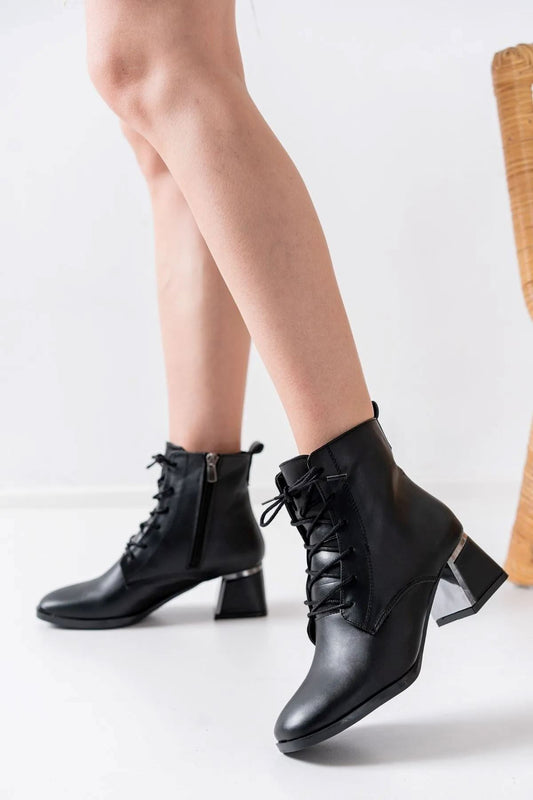 Black Matte Leather Lace-Up Zippered Heeled Women's Boots