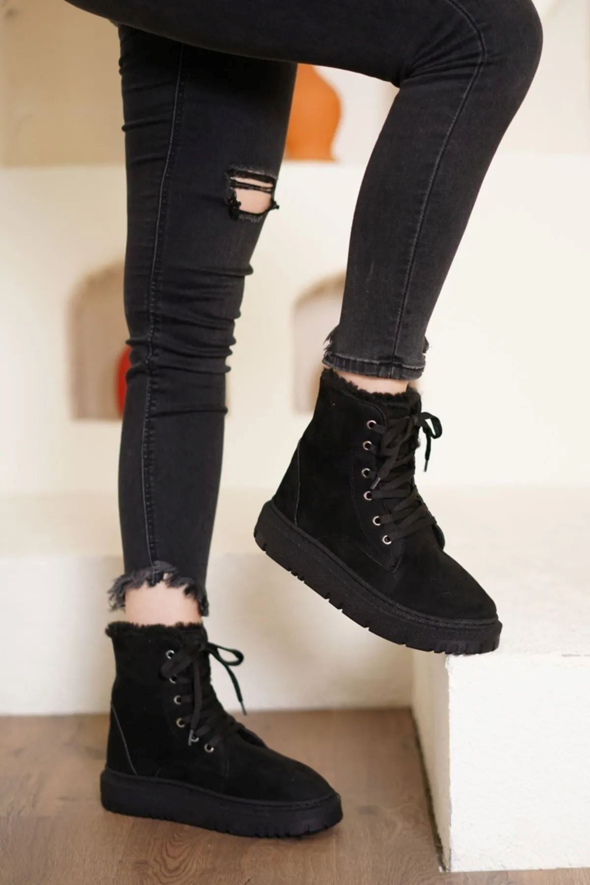 Black Suede Lace-Up Women's Boots