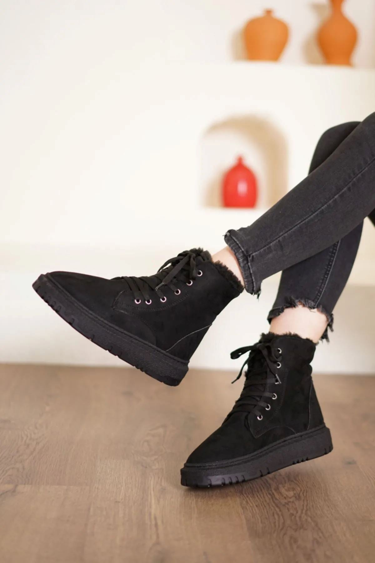 Black Suede Lace-Up Women's Boots