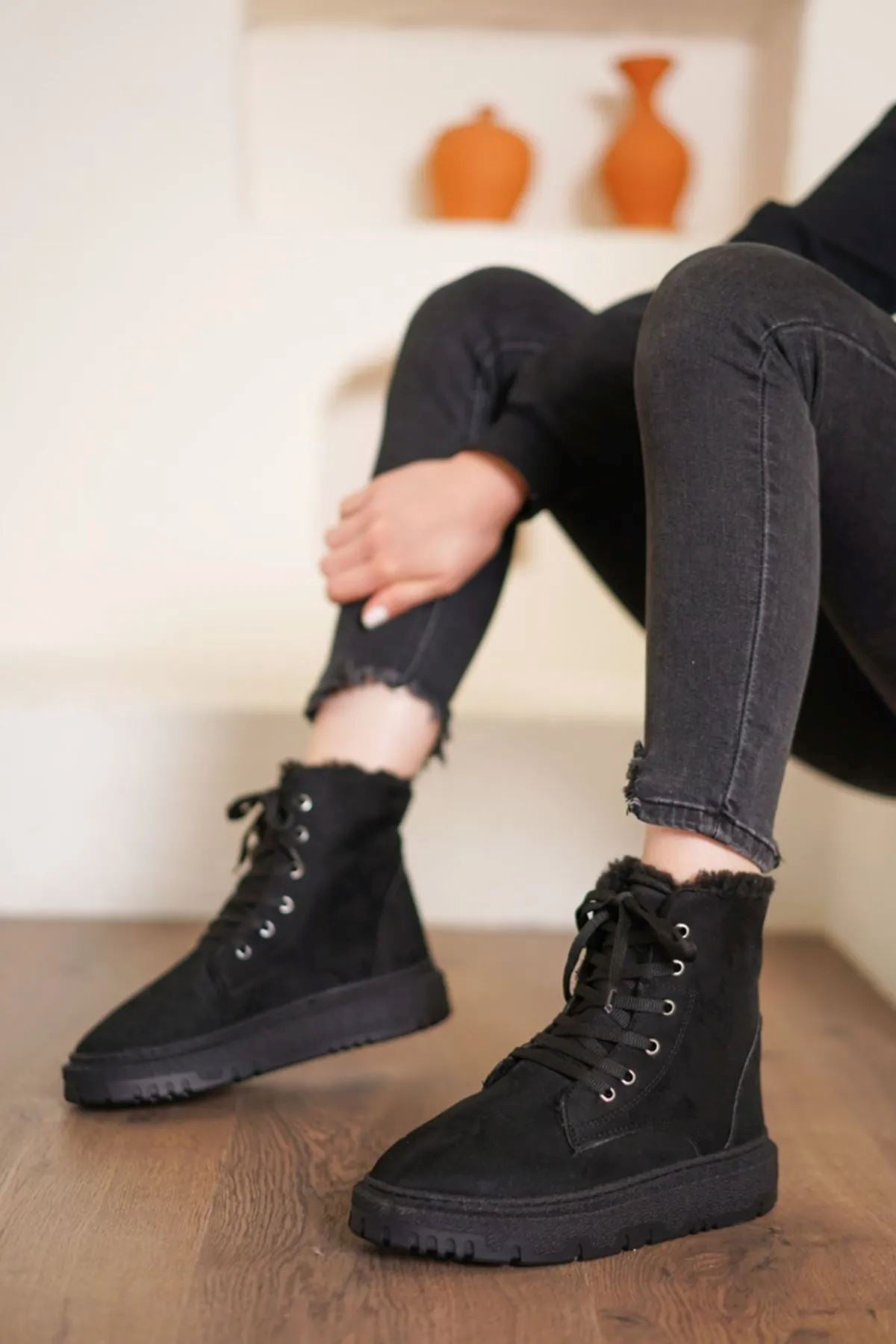 Black Suede Lace-Up Women's Boots