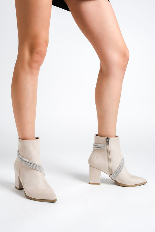 Beige Suede Zippered Heeled Women's Boots