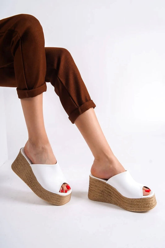 White Matte Leather Wedge Heeled Women's Slippers