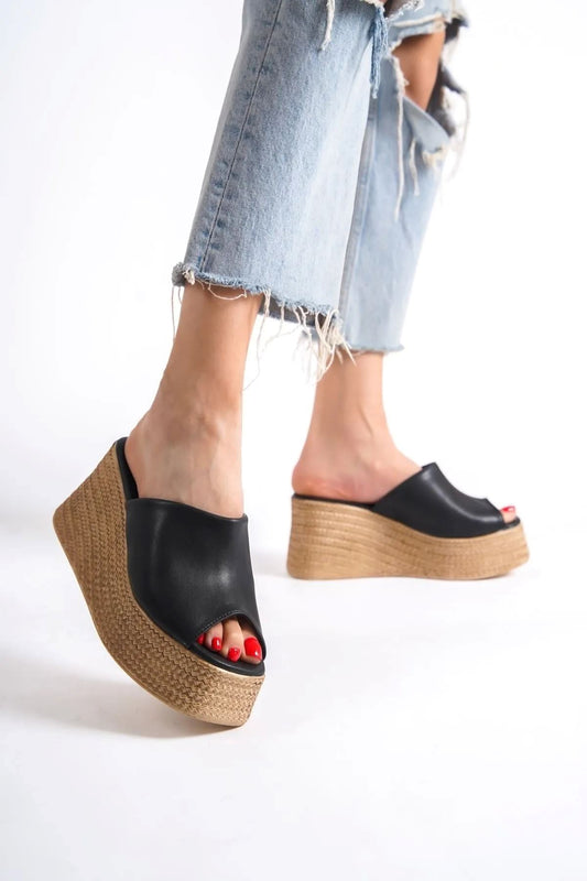 Black Matte Leather Wedge Heeled Women's Slippers