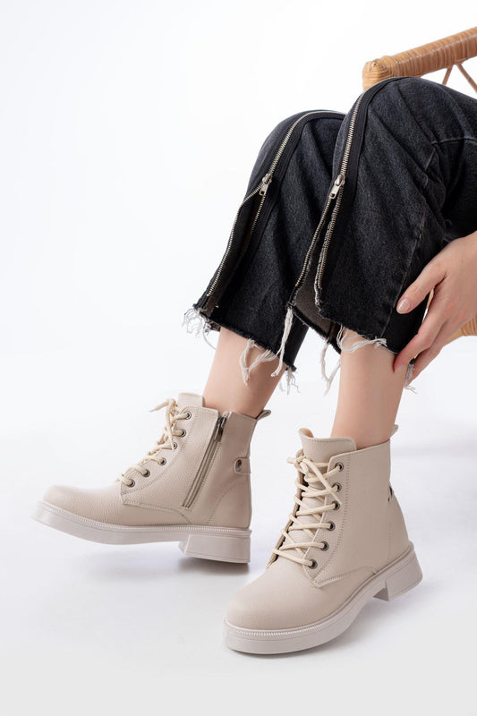 Beige Lace-up Zippered Daily Women's Boots