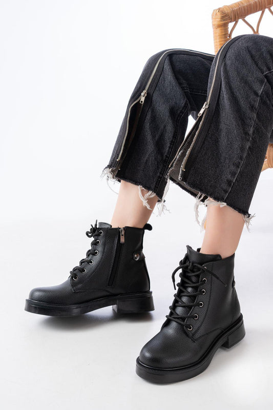 Black Lace-up Zippered Daily Women's Boots