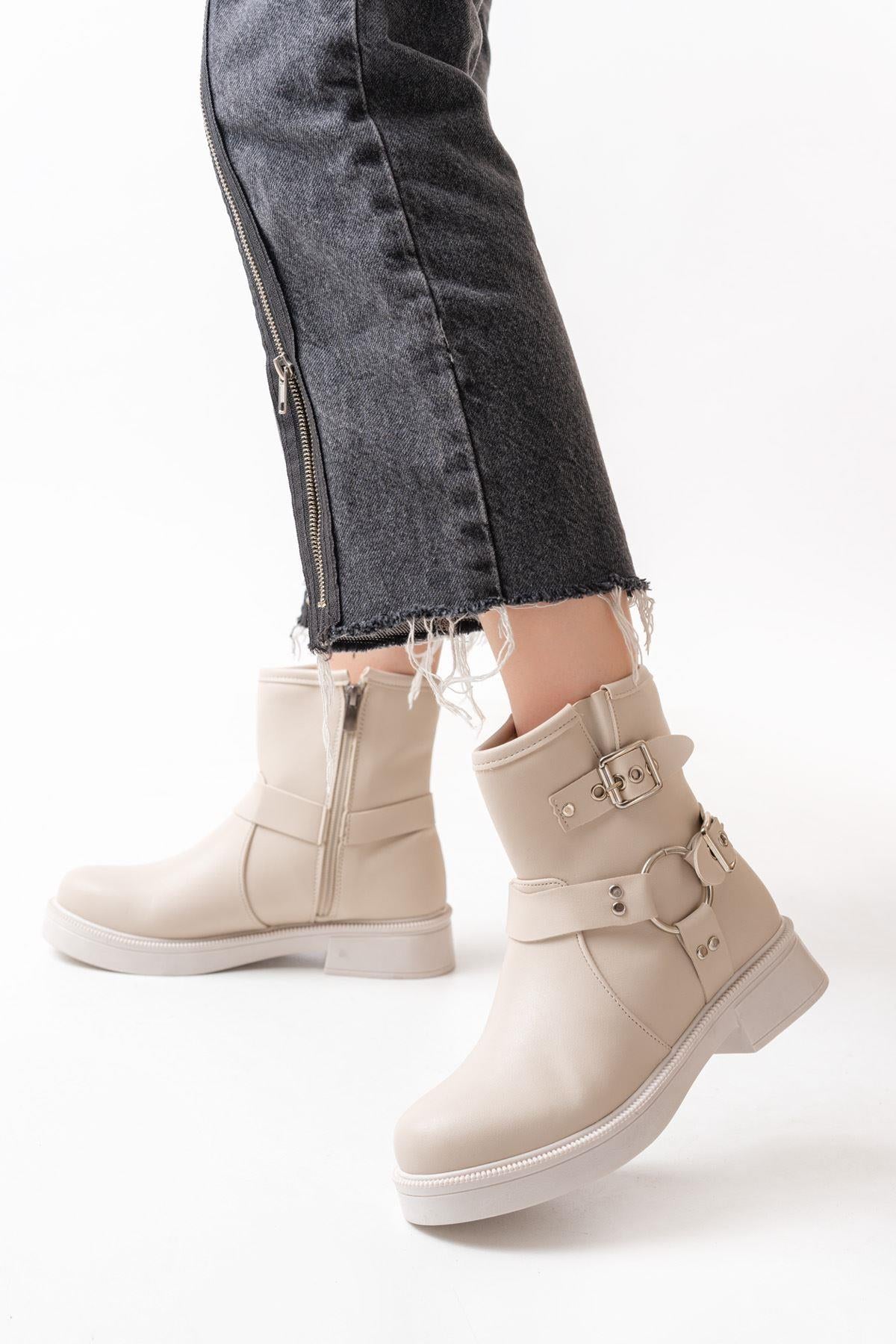 Beige Buckle Accessory Zippered Daily Women's Boots