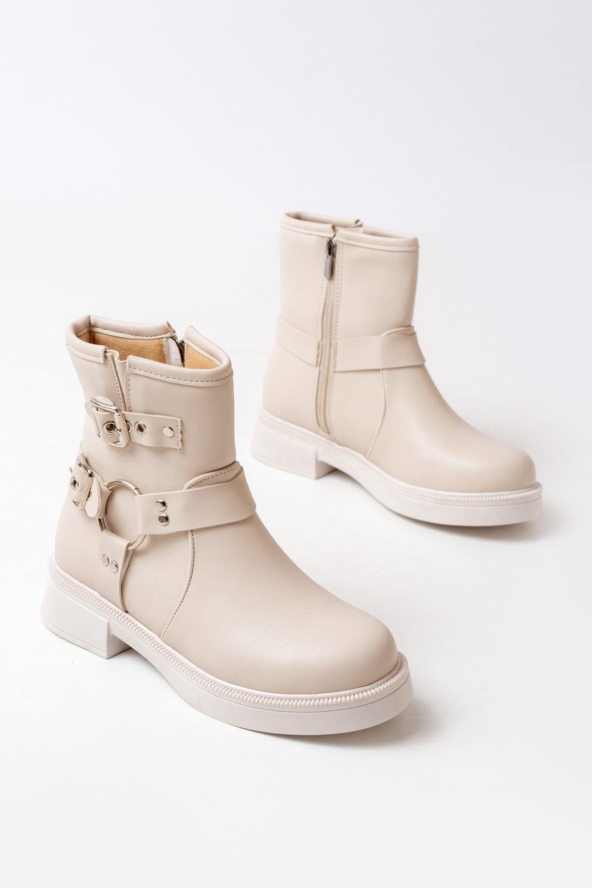 Beige Buckle Accessory Zippered Daily Women's Boots