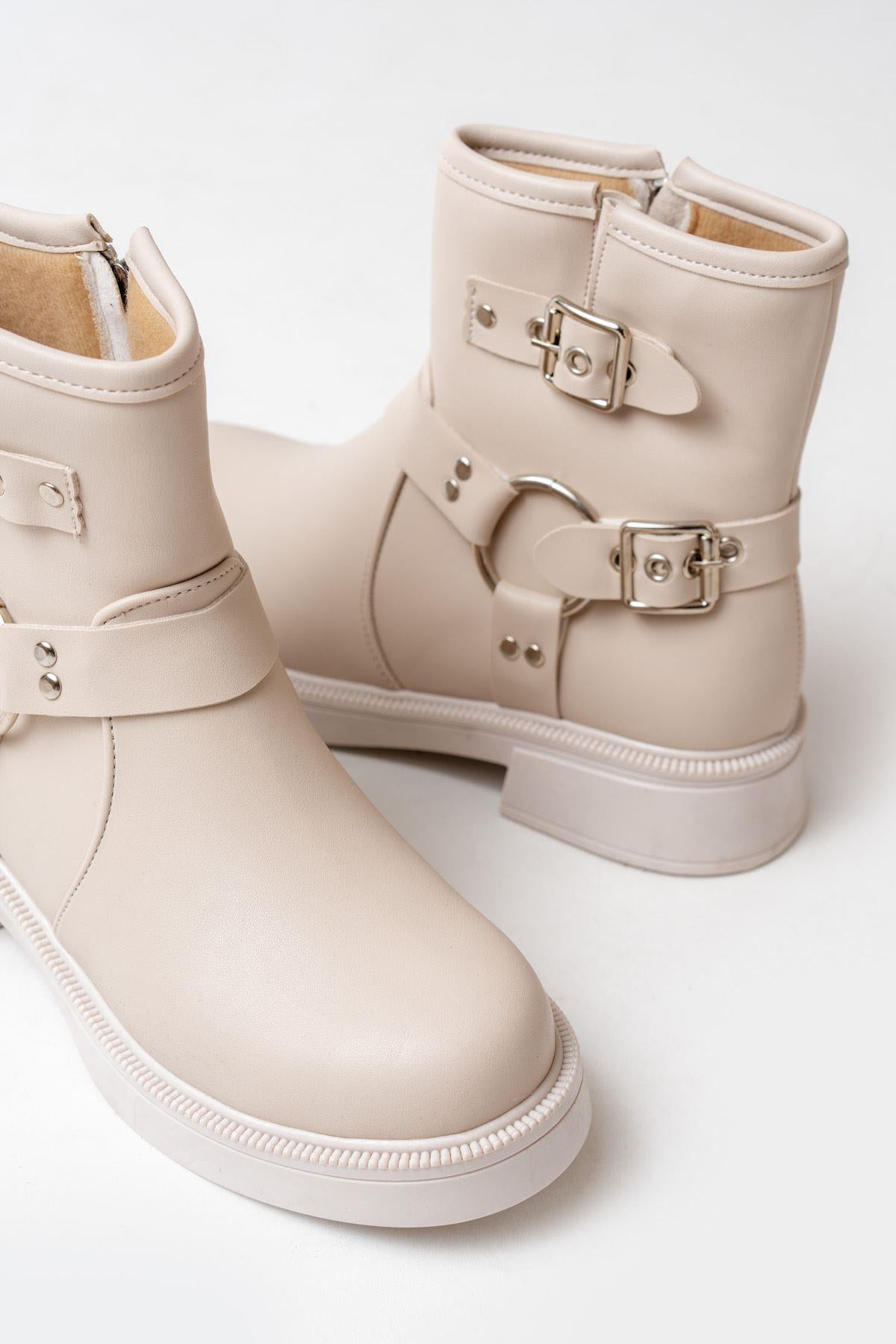 Beige Buckle Accessory Zippered Daily Women's Boots