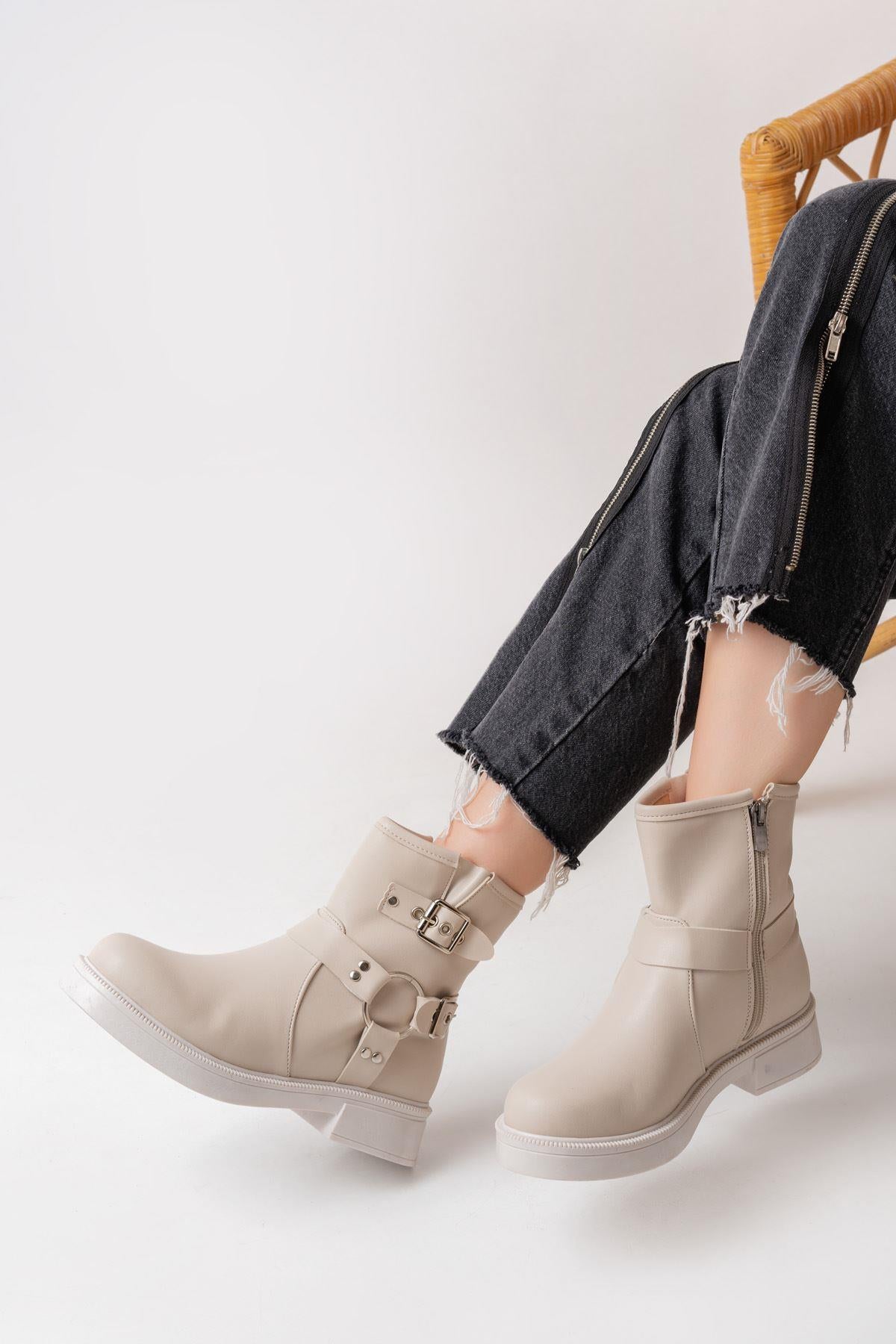 Beige Buckle Accessory Zippered Daily Women's Boots