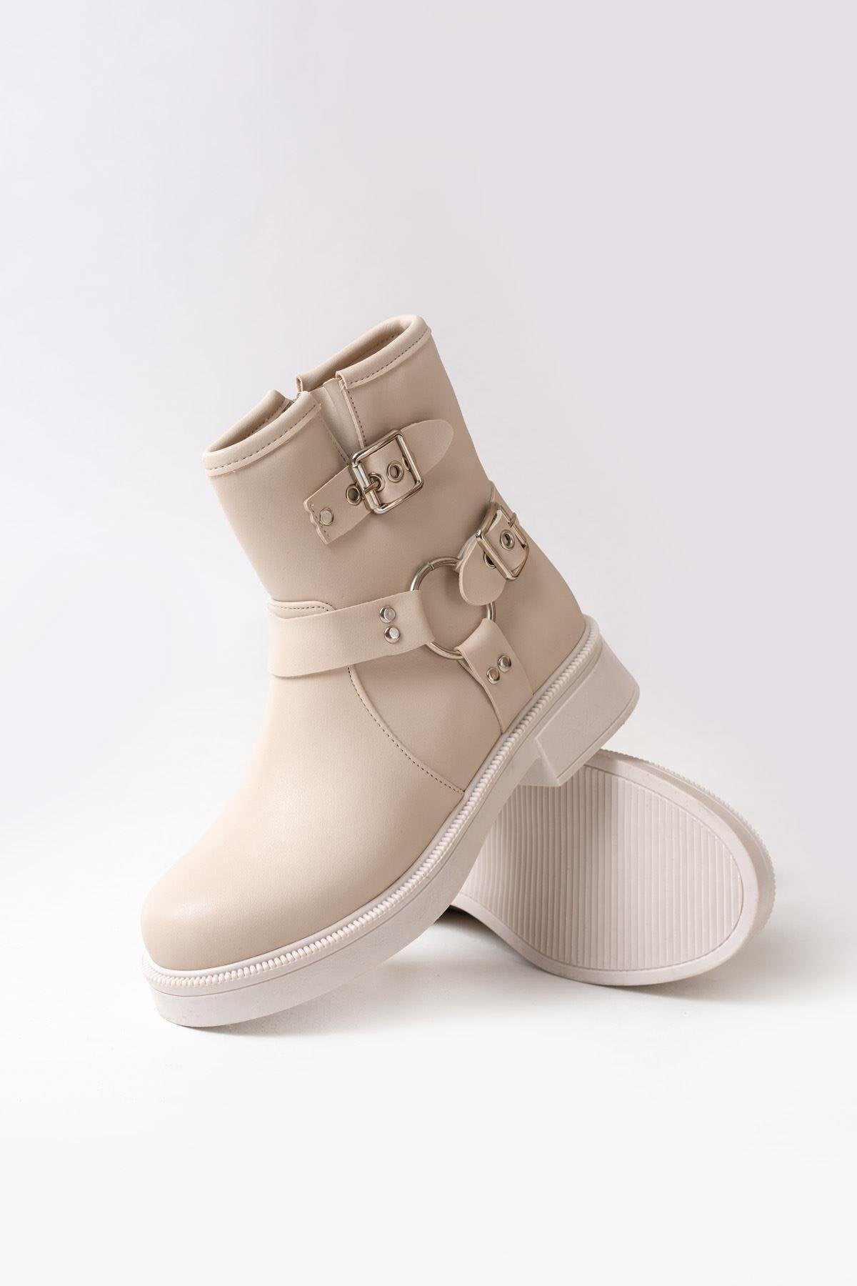 Beige Buckle Accessory Zippered Daily Women's Boots